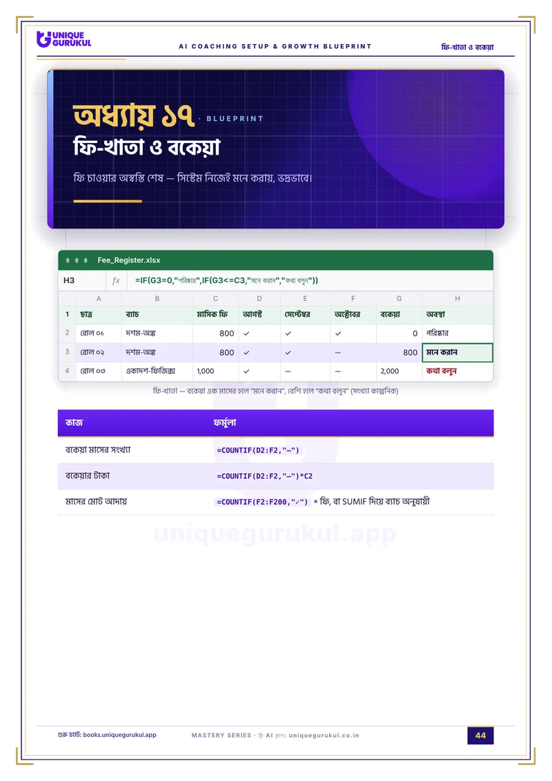 AI কোচিং সেটআপ ও গ্রোথ ব্লুপ্রিন্ট — পৃষ্ঠা ৪৪ · ফি-খাতা ও বকেয়া